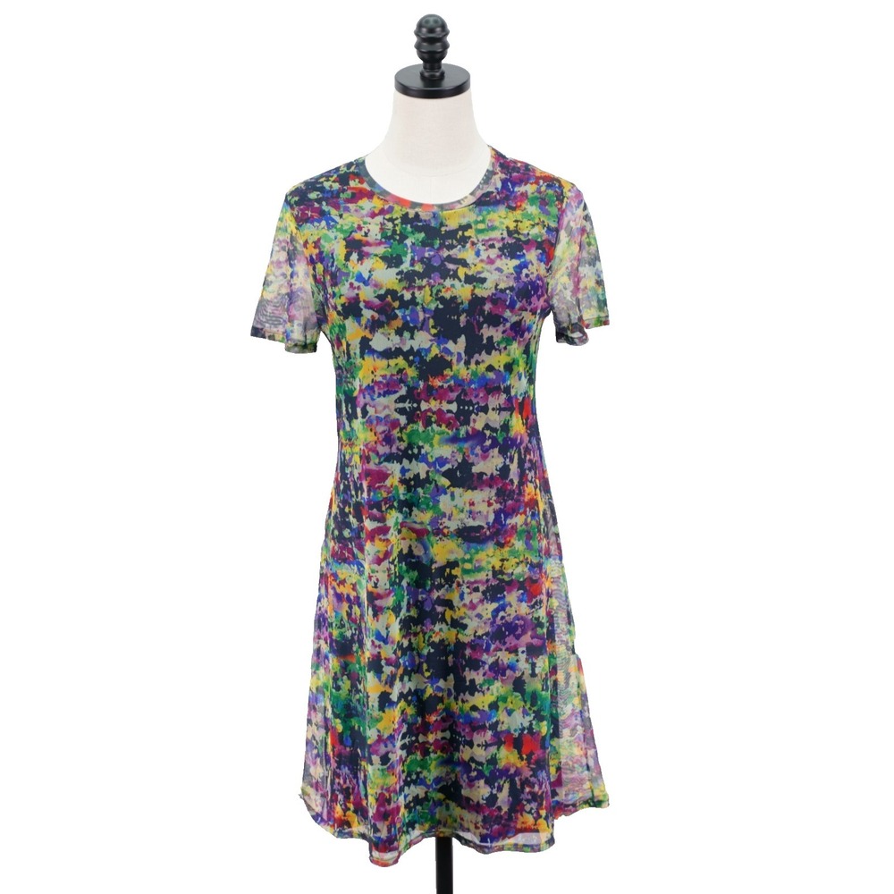 Desigual "Ann" Arty Print Short Sleeve Dress Sheer Medium Lined Polyester Elast